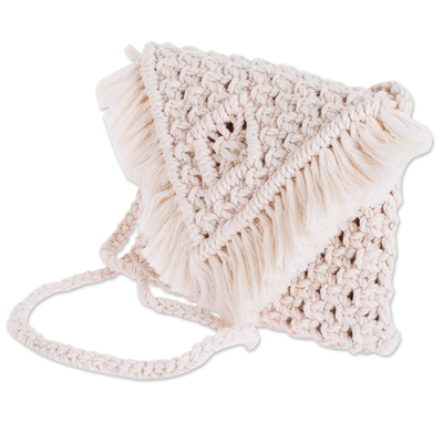 Cotton shoulder bag, 'Mini Macrame Diamonds' - Cotton Macrame Shoulder Bag With Cotton Lining