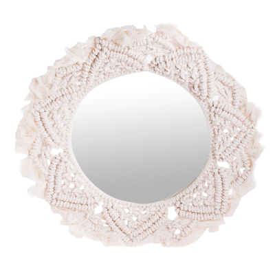 Espejo de pared con marco de macramé de algodón - Espejo de pared con marco floral de macramé 100% algodón