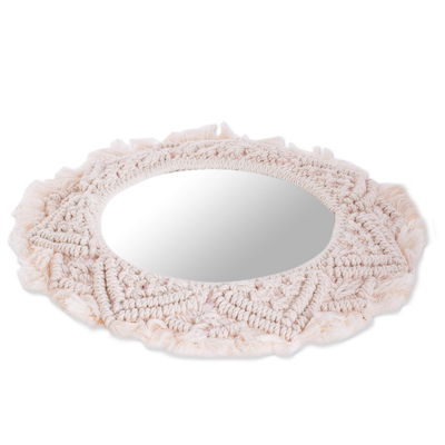 Cotton macrame framed wall mirror, 'Woven Flowers' - Wall Mirror With 100% Cotton Macrame Floral Frame