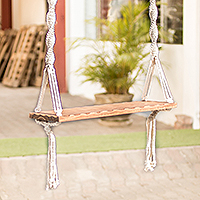 Cotton macrame and wood swing, 'Caribbean Breeze' - Cotton Macrame and Brown Pine Swing with Brass Hooks