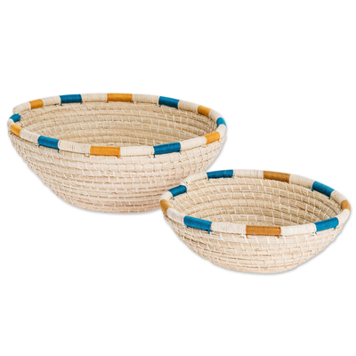 Natural fiber baskets, 'Coiled Accents' (pair) - Natural Palm Fiber Coiled Baskets from Nicaragua (Pair)