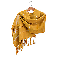 Cotton shawl, 'Amber Wrap' - 100% Cotton Loom Woven Mustard Yellow Rectangular Shawl