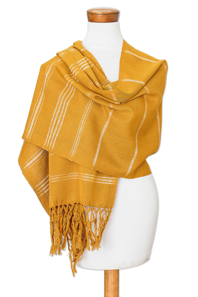 Cotton shawl, 'Amber Wrap' - 100% Cotton Loom Woven Mustard Yellow Rectangular Shawl