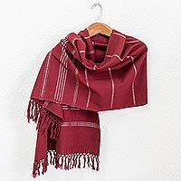 Cotton shawl, 'Cherry Red Wrap' - Cotton Handloom Woven Cherry Red Shawl from Guatemala