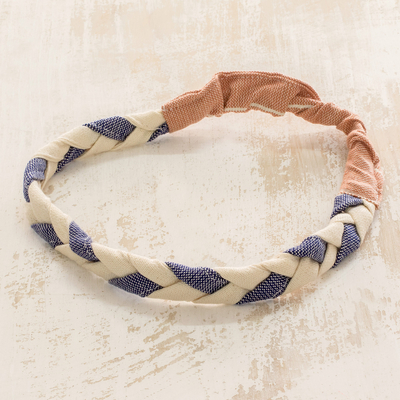 Diadema de algodón y elástico - Banda para la cabeza azul y blanca trenzada 100% algodón tejido a mano