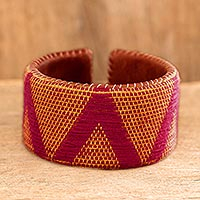 Leather and cotton cuff bracelet, 'Comalapa Highlands in Red'