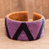 Leather and cotton cuff bracelet, 'Comalapa Highlands in Black' - Cotton-Covered Leather Cuff Bracelet