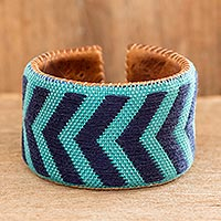 Leather and cotton cuff bracelet, 'Comalapa Chevron' - Handmade Cotton and Leather Bracelet