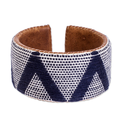 Leather and cotton cuff bracelet, 'Comalapa Highlands in Blue' - Artisan Crafted Blue and White Bracelet