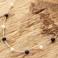 Cultured pearl and lapis lazuli beaded necklace, 'Azure and Ivory'