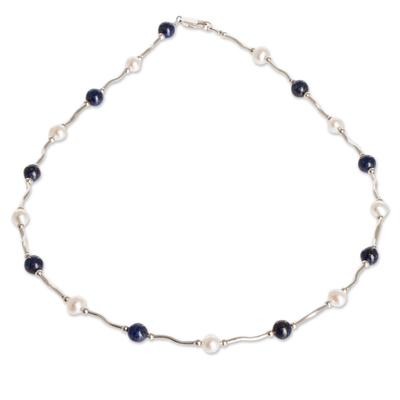 Cultured Pearl and Lapis Lazuli Beaded Necklace with Silver