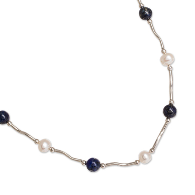 Cultured pearl and lapis lazuli beaded necklace, 'Azure and Ivory' - Cultured Pearl and Lapis Lazuli Beaded Necklace with Silver
