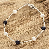 Cultured pearl and lapis lazuli beaded bracelet, 'Azure and Ivory'
