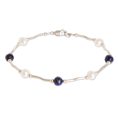 Cultured pearl and lapis lazuli beaded bracelet, 'Azure and Ivory' - Cultured Pearl Lapis Lazuli and Silver Beaded Bracelet