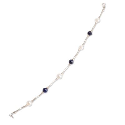Armband aus Zuchtperlen und Lapislazuli-Perlen - Zuchtperlen-Armband aus Lapislazuli und Silberperlen