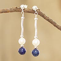 Cultured pearl and lapis lazuli dangle earrings, 'Azure and Ivory' - Cultured Pearl and Lapis Lazuli Dangle Earrings with Silver