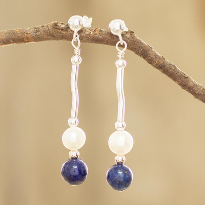 Cultured pearl and lapis lazuli dangle earrings, Azure and Ivory