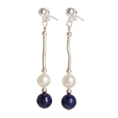 Cultured Pearl and Lapis Lazuli Dangle Earrings with Silver