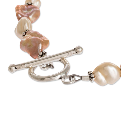Cultured pearl strand necklace, 'Baroque Glow' - Cultured Pink Baroque Pearl Beaded Necklace with Silver