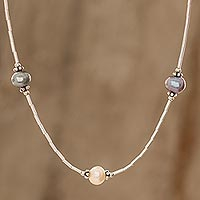 Cultured pearl beaded necklace, 'Pink and Purple' - Purple and Pink Cultured Pearl and Sterling Silver Necklace
