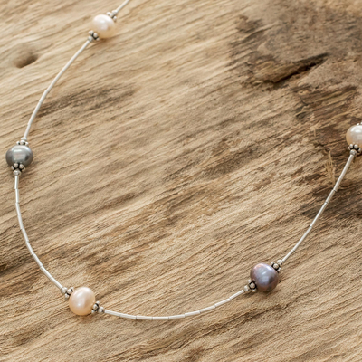 collar de cuentas de perlas cultivadas - Collar de plata esterlina y perlas cultivadas moradas y rosas