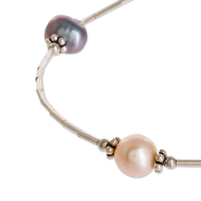 Cultured pearl beaded necklace, 'Pink and Purple' - Purple and Pink Cultured Pearl and Sterling Silver Necklace