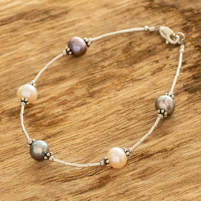 Cultured pearl beaded bracelet,'Rose and Peacock' - Multicolored Cultured Pearl Station Bracelet from Costa Rica