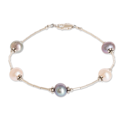 Cultured pearl beaded bracelet,'Rose and Peacock' - Multicoloured Cultured Pearl Station Bracelet from Costa Rica