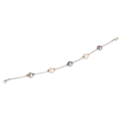 Cultured pearl beaded bracelet,'Rose and Peacock' - Multicoloured Cultured Pearl Station Bracelet from Costa Rica