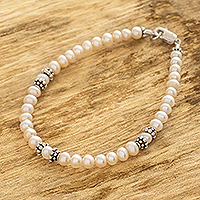 Cultured pearl strand bracelet, 'Rose Clouds' - Pink and White Pearl Sterling Silver Accent Bracelet