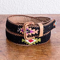Men's leather and cotton belt, 'Woven Diamonds in Black' - Natural Leather and Black Cotton Men's Belt from Guatemala
