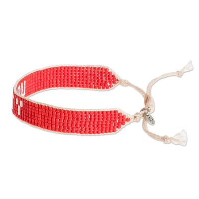 Glass beaded bracelet, 'Unity in Red' - Red and White Glass Beaded Woven Bracelet with Sliding Knot