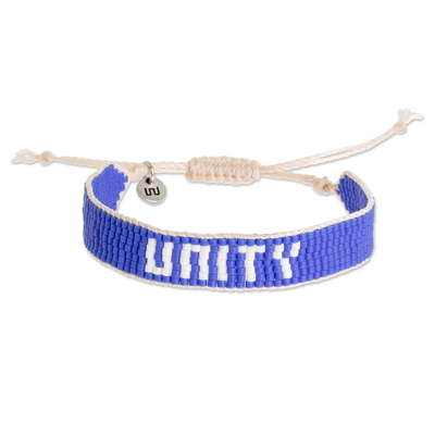 Glass beaded bracelet, 'Unity in Blue' - Blue and White Glass Bead Woven Bracelet with Sliding Knot