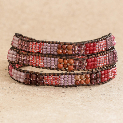 Glass beaded wrap bracelet, 'Earth Rose' - Glass Bead Braided Bracelet in Tones of Rose and Brown