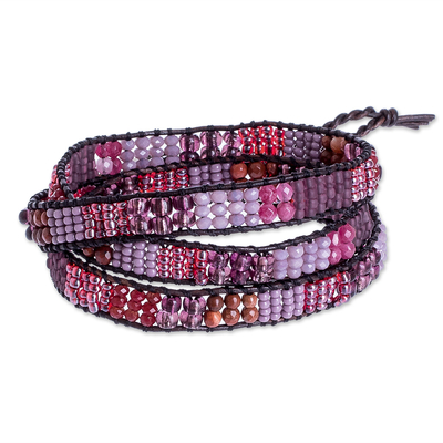 Glass beaded wrap bracelet, 'Earth Rose' - Glass Bead Braided Bracelet in Tones of Rose and Brown