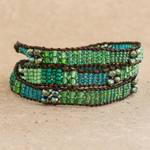 Glass bead wrap bracelet, 'Budding Spring' - Glass Bead and Leather Wrap Bracelet in Green and Blue