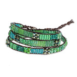 Glass bead wrap bracelet, 'Budding Spring' - Glass Bead and Leather Wrap Bracelet in Green and Blue