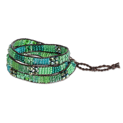 Glass bead wrap bracelet, 'Budding Spring' - Glass Bead and Leather Wrap Bracelet in Green and Blue