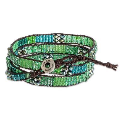 Glass bead wrap bracelet, 'Budding Spring' - Glass Bead and Leather Wrap Bracelet in Green and Blue