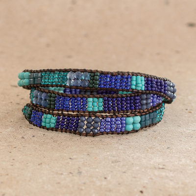 Glass bead wrap bracelet, 'Leather-Bound Sea' - Blue and Sea Green Beaded Bracelet with Leather Trim