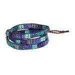 Glass bead wrap bracelet, 'Leather-Bound Sea' - Blue and Sea Green Beaded Bracelet with Leather Trim