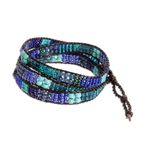 Glass bead wrap bracelet, 'Leather-Bound Sea' - Blue and Sea Green Beaded Bracelet with Leather Trim