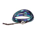Glass bead wrap bracelet, 'Leather-Bound Sea' - Blue and Sea Green Beaded Bracelet with Leather Trim