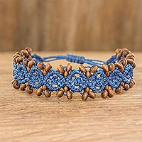 Beaded macrame bracelet, 'Boats on the Ocean' - Ocean Blue Macrame Bracelet with Pinewood Beads