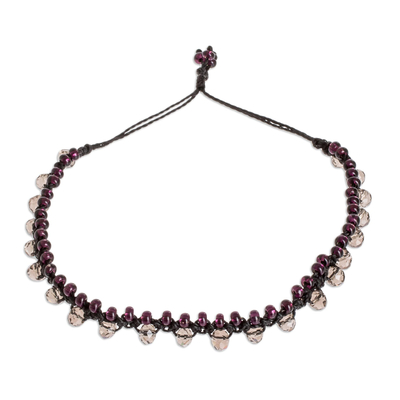 Glass and crystal beaded macrame anklet, 'Purple Beach Sparkles' - Hand Made Purple Beaded Macrame Anklet from Guatemala