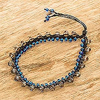 Glass and crystal beaded anklet, 'Beach Sparkles in Blue' - Black Macrame Anklet with Blue and Clear Glass Beads
