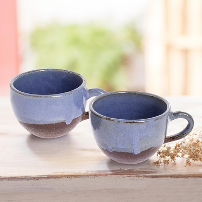 Ceramic coffee cups, 'Sea Blue Morning' (pair) - Blue and Brown Ceramic Coffee Cups from Honduras (Pair)