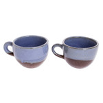 Ceramic coffee cups, 'Sea Blue Morning' (pair) - Blue and Brown Ceramic Coffee Cups from Honduras (Pair)