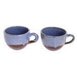 Ceramic coffee cups, 'Sea Blue Morning' (pair) - Blue and Brown Ceramic Coffee Cups from Honduras (Pair)