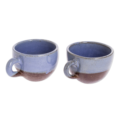 Ceramic coffee cups, 'Sea Blue Morning' (pair) - Blue and Brown Ceramic Coffee Cups from Honduras (Pair)